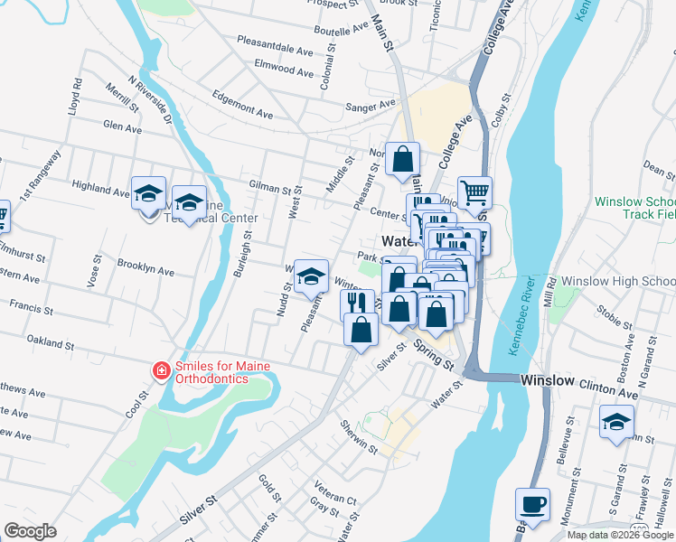 map of restaurants, bars, coffee shops, grocery stores, and more near 8 Sheldon Place in Waterville