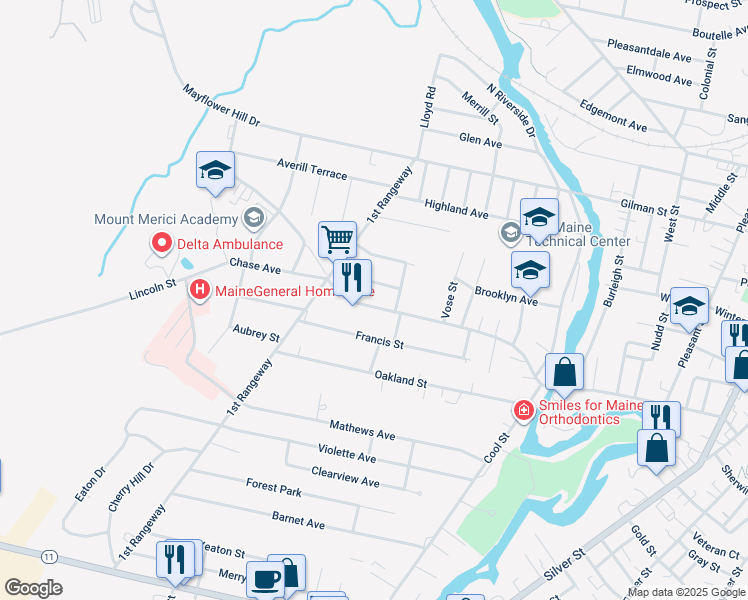 map of restaurants, bars, coffee shops, grocery stores, and more near 5 Elmhurst Street in Waterville