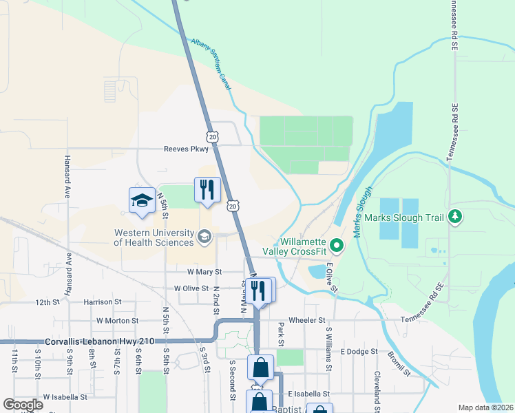 map of restaurants, bars, coffee shops, grocery stores, and more near 525 North Santiam Highway in Lebanon