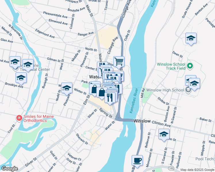 map of restaurants, bars, coffee shops, grocery stores, and more near 150 Main Street in Waterville