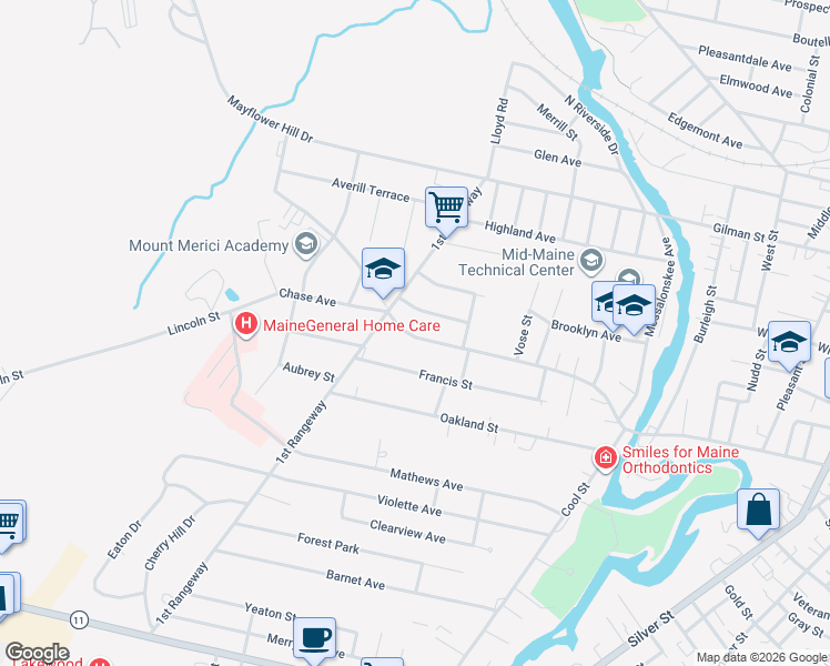 map of restaurants, bars, coffee shops, grocery stores, and more near 139 Western Avenue in Waterville