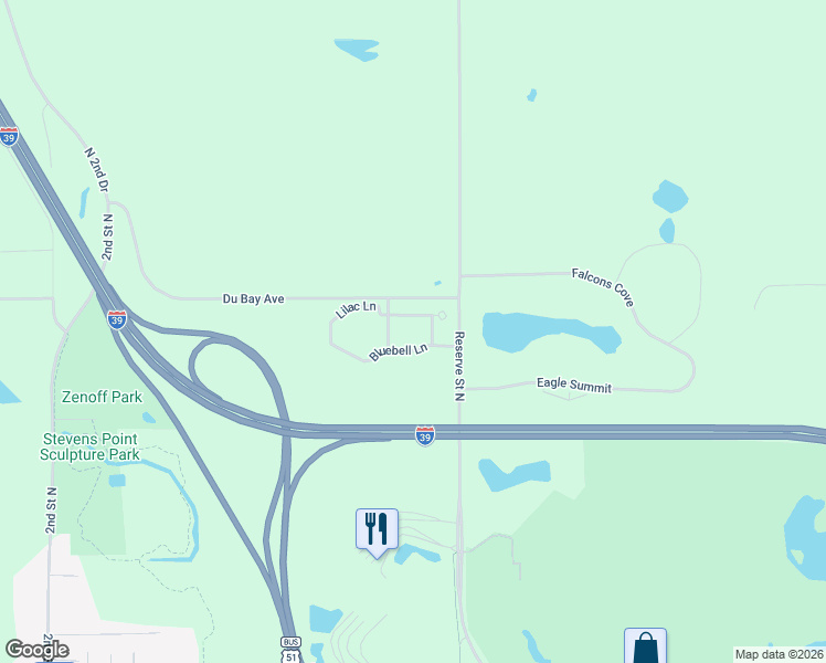 map of restaurants, bars, coffee shops, grocery stores, and more near 1925 Lilac Lane in Stevens Point