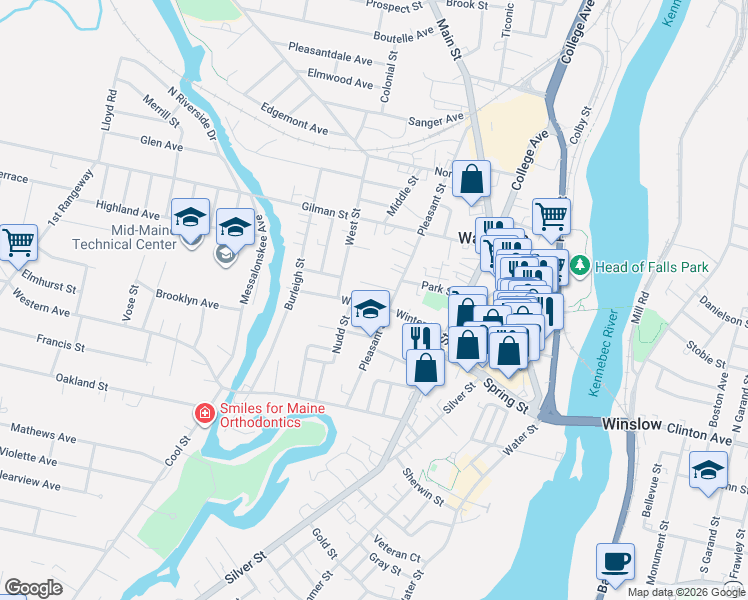 map of restaurants, bars, coffee shops, grocery stores, and more near 4 Sheldon Place in Waterville
