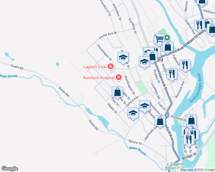 map of restaurants, bars, coffee shops, grocery stores, and more near 435 Knox Street in Rumford