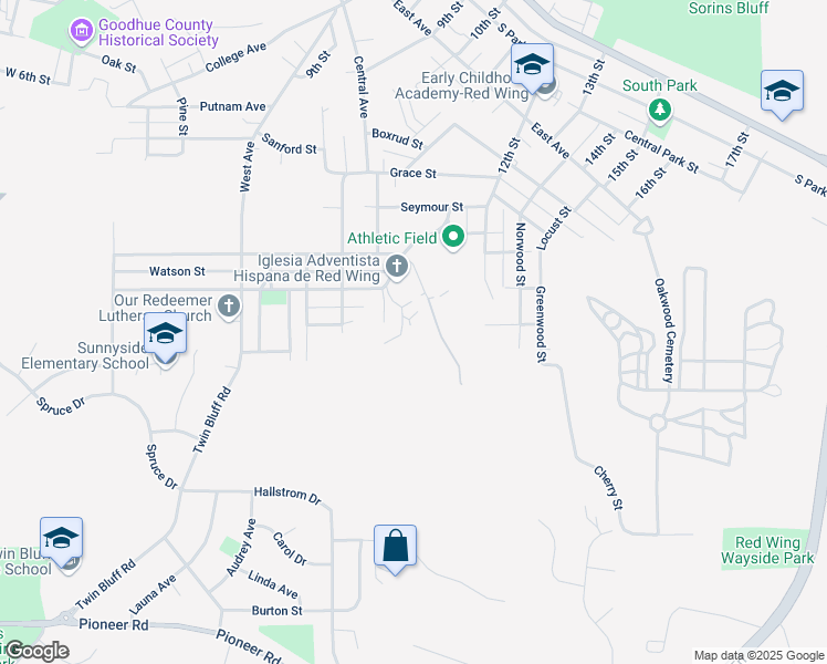 map of restaurants, bars, coffee shops, grocery stores, and more near 521 Maple Street in Red Wing