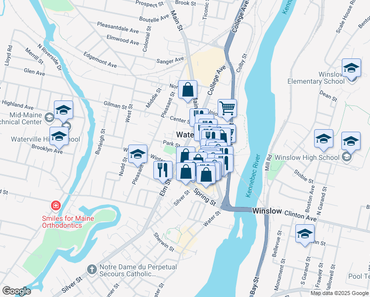 map of restaurants, bars, coffee shops, grocery stores, and more near 65 Elm Street in Waterville