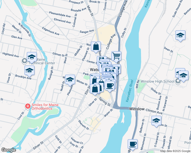 map of restaurants, bars, coffee shops, grocery stores, and more near 65 Elm Street in Waterville