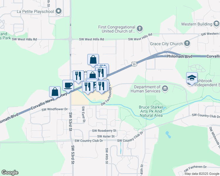 map of restaurants, bars, coffee shops, grocery stores, and more near 4800 Southwest Research Way in Corvallis