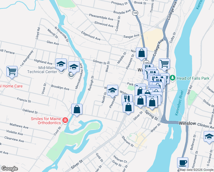 map of restaurants, bars, coffee shops, grocery stores, and more near 31 Winter Street in Waterville