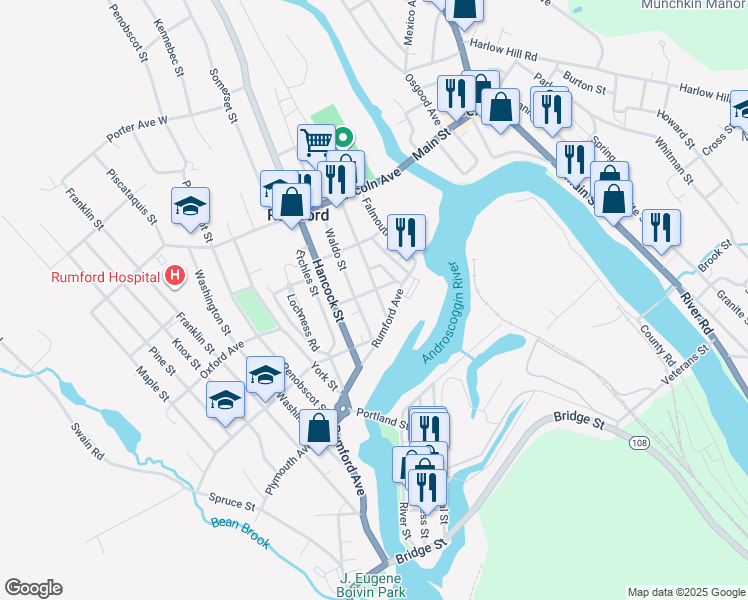 map of restaurants, bars, coffee shops, grocery stores, and more near 25 Oxford Avenue in Rumford