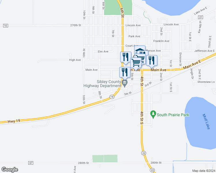 map of restaurants, bars, coffee shops, grocery stores, and more near 11 Sixth Street in Gaylord