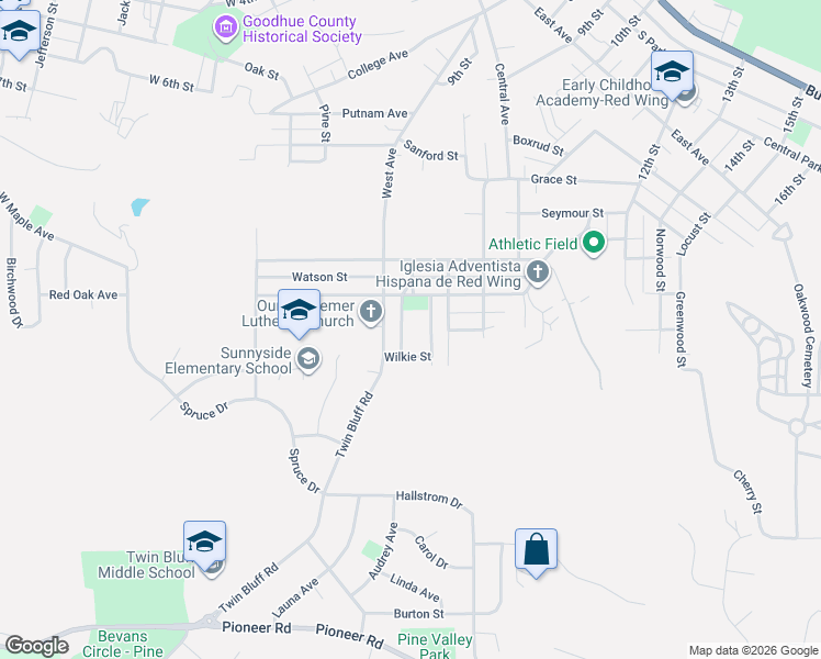 map of restaurants, bars, coffee shops, grocery stores, and more near 1525 Roosevelt Avenue in Red Wing