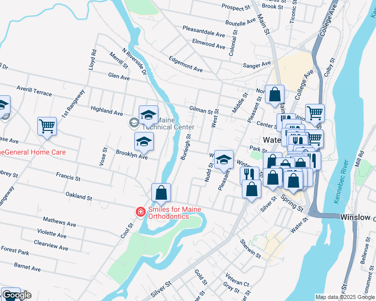 map of restaurants, bars, coffee shops, grocery stores, and more near 29 Burleigh Street in Waterville