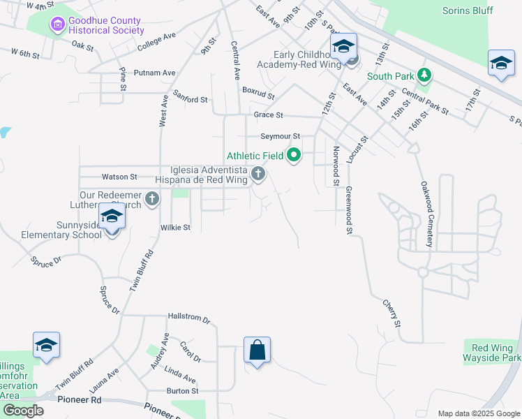 map of restaurants, bars, coffee shops, grocery stores, and more near 521 Maple Street in Red Wing