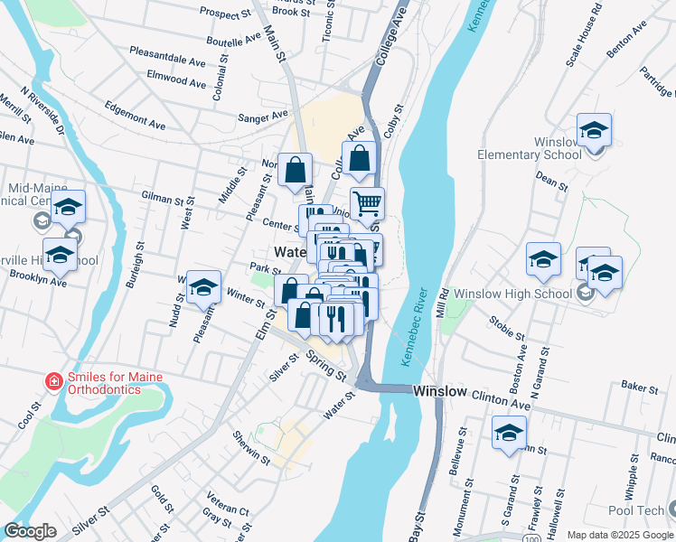 map of restaurants, bars, coffee shops, grocery stores, and more near 165-167 Main Street in Waterville