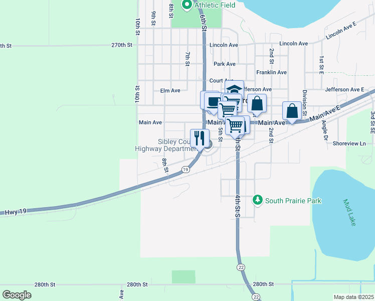 map of restaurants, bars, coffee shops, grocery stores, and more near 11 Sixth Street in Gaylord