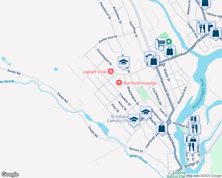 map of restaurants, bars, coffee shops, grocery stores, and more near 419 Franklin Street in Rumford