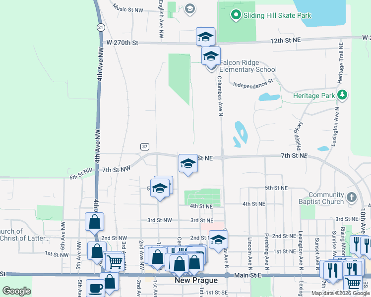 map of restaurants, bars, coffee shops, grocery stores, and more near 721 Central Avenue North in New Prague