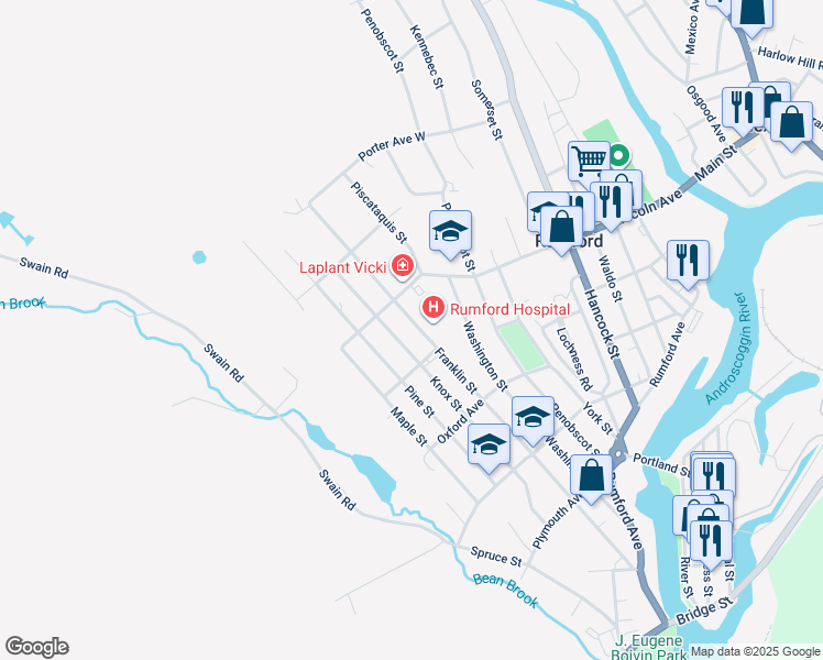 map of restaurants, bars, coffee shops, grocery stores, and more near 419 Franklin Street in Rumford