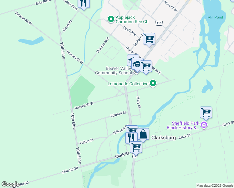 map of restaurants, bars, coffee shops, grocery stores, and more near 236 Bruce Street South in Thornbury