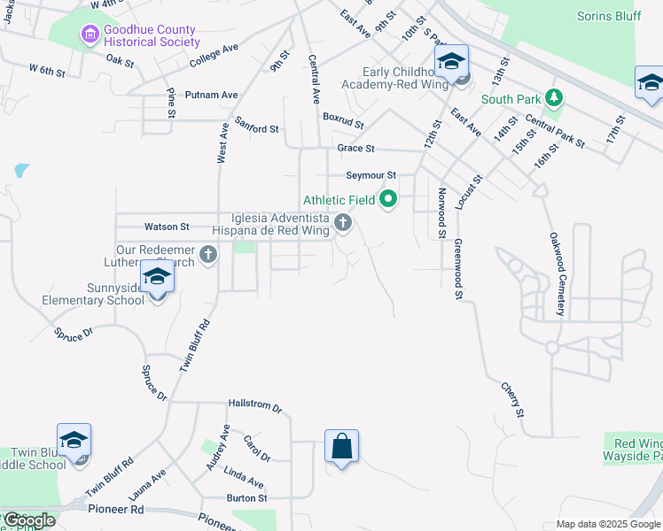 map of restaurants, bars, coffee shops, grocery stores, and more near 603 Maple Street in Red Wing