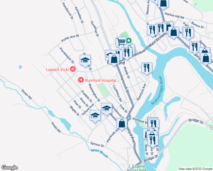 map of restaurants, bars, coffee shops, grocery stores, and more near 43 Urquhart Street in Rumford