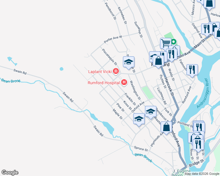 map of restaurants, bars, coffee shops, grocery stores, and more near 435 Knox Street in Rumford