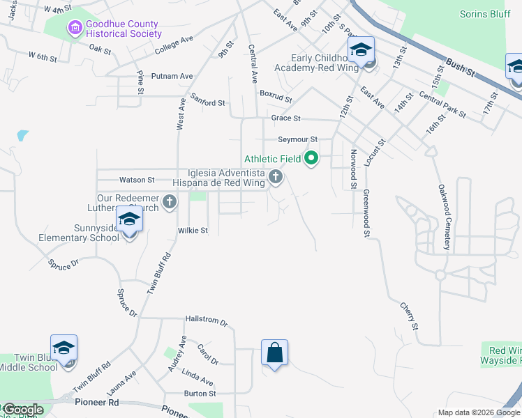 map of restaurants, bars, coffee shops, grocery stores, and more near 603 Maple Street in Red Wing
