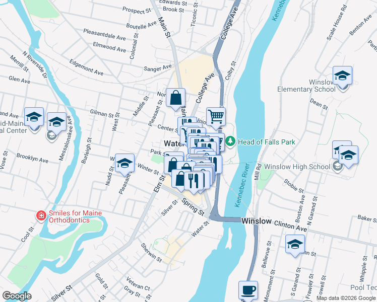 map of restaurants, bars, coffee shops, grocery stores, and more near in Waterville