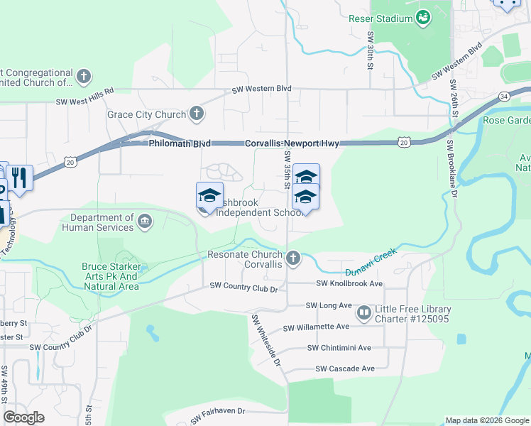 map of restaurants, bars, coffee shops, grocery stores, and more near 3590 Southwest Par Place in Corvallis