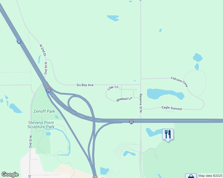 map of restaurants, bars, coffee shops, grocery stores, and more near 1801 Lilac Lane in Stevens Point