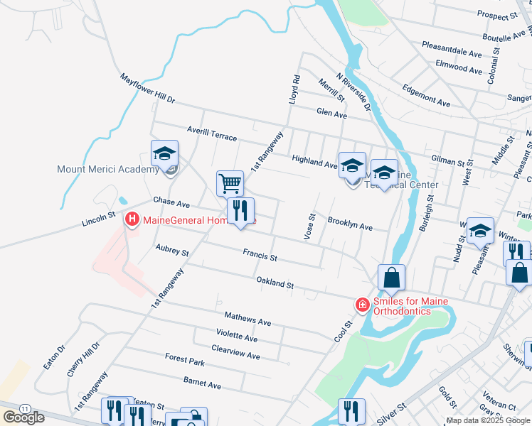 map of restaurants, bars, coffee shops, grocery stores, and more near 5 Elmhurst Street in Waterville