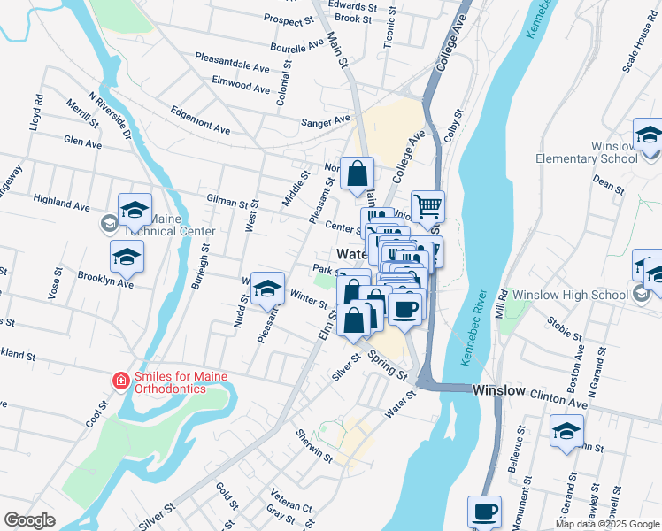 map of restaurants, bars, coffee shops, grocery stores, and more near 1 Park Street in Waterville