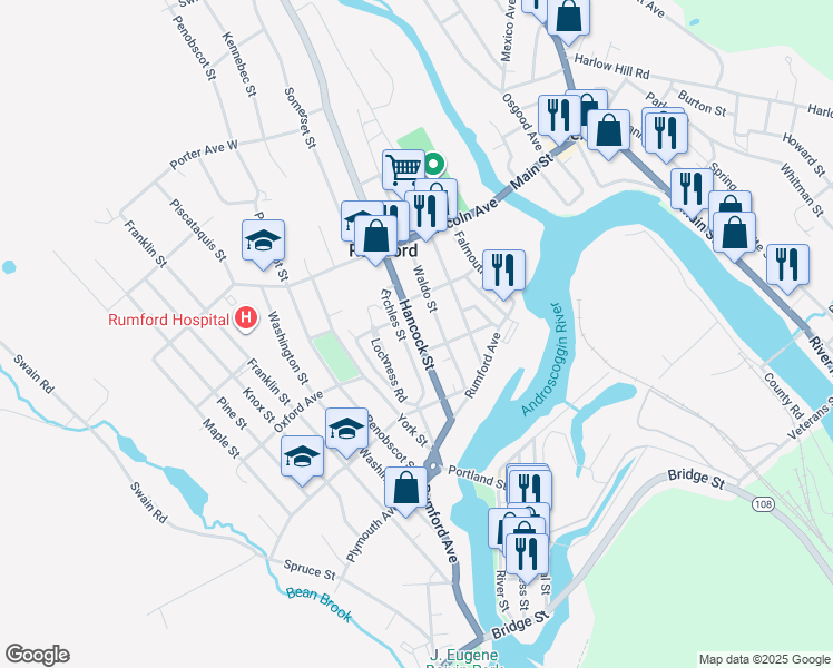 map of restaurants, bars, coffee shops, grocery stores, and more near 318 Hancock Street in Rumford