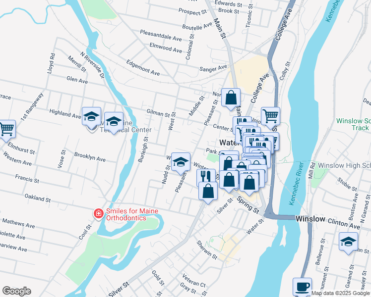 map of restaurants, bars, coffee shops, grocery stores, and more near 8 Sheldon Place in Waterville