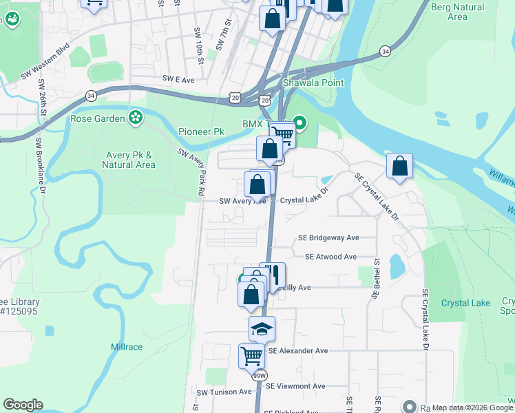 map of restaurants, bars, coffee shops, grocery stores, and more near 126 Southwest Avery Avenue in Corvallis