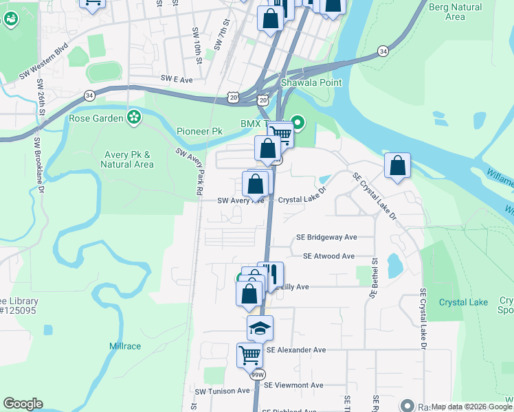map of restaurants, bars, coffee shops, grocery stores, and more near 126 Southwest Avery Avenue in Corvallis