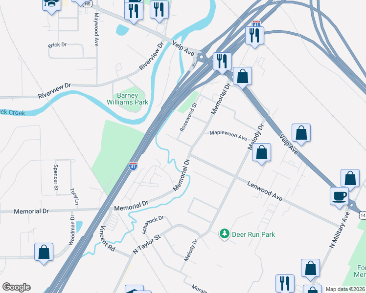 map of restaurants, bars, coffee shops, grocery stores, and more near 1924 Memorial Drive in Green Bay