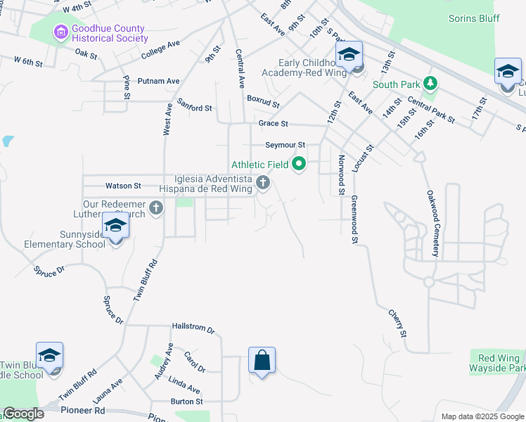 map of restaurants, bars, coffee shops, grocery stores, and more near 603 Maple Street in Red Wing