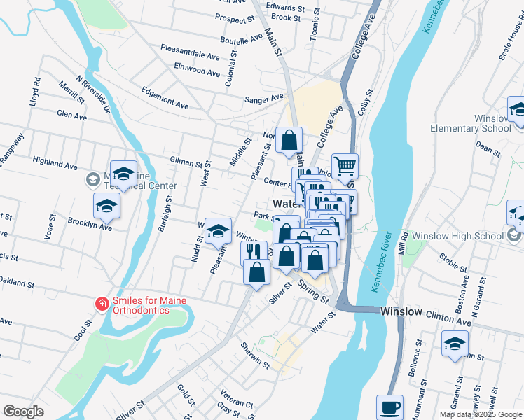 map of restaurants, bars, coffee shops, grocery stores, and more near 12 Park Street in Waterville