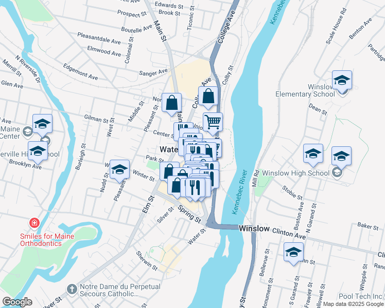 map of restaurants, bars, coffee shops, grocery stores, and more near 179 Main Street in Waterville