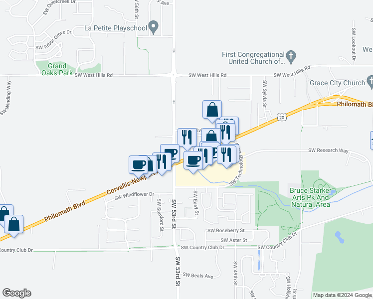 map of restaurants, bars, coffee shops, grocery stores, and more near 5271 Southwest Blueberry Drive in Corvallis