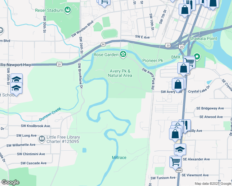 map of restaurants, bars, coffee shops, grocery stores, and more near 1301-1369 Southwest Avery Park Lane in Corvallis