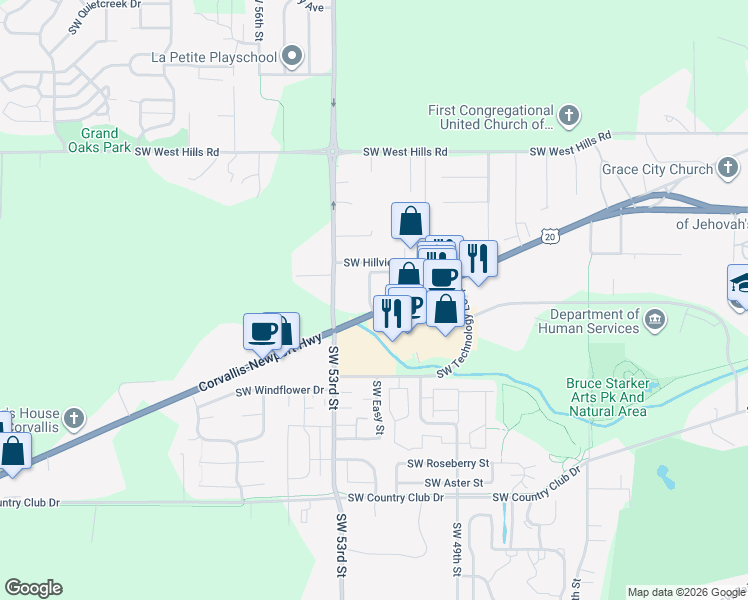 map of restaurants, bars, coffee shops, grocery stores, and more near 5215 Philomath Boulevard in Corvallis