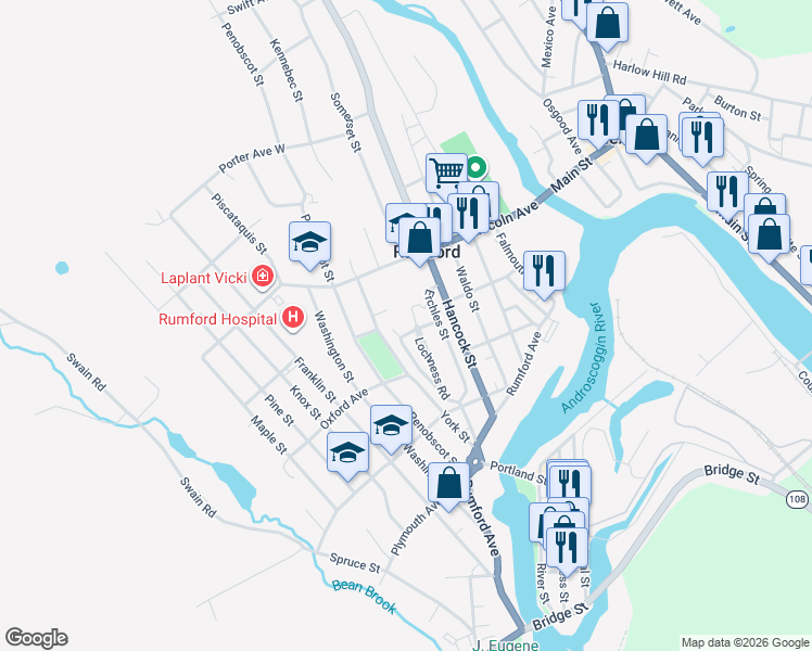 map of restaurants, bars, coffee shops, grocery stores, and more near 43 Urquhart Street in Rumford