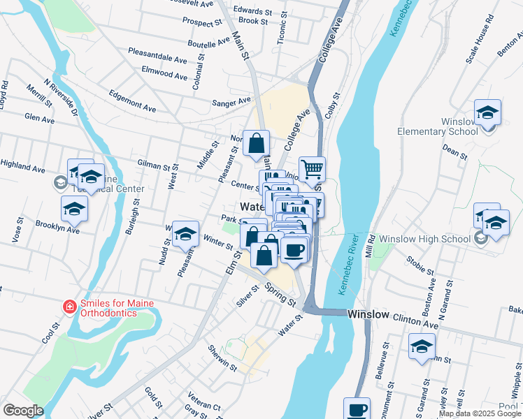 map of restaurants, bars, coffee shops, grocery stores, and more near in Waterville