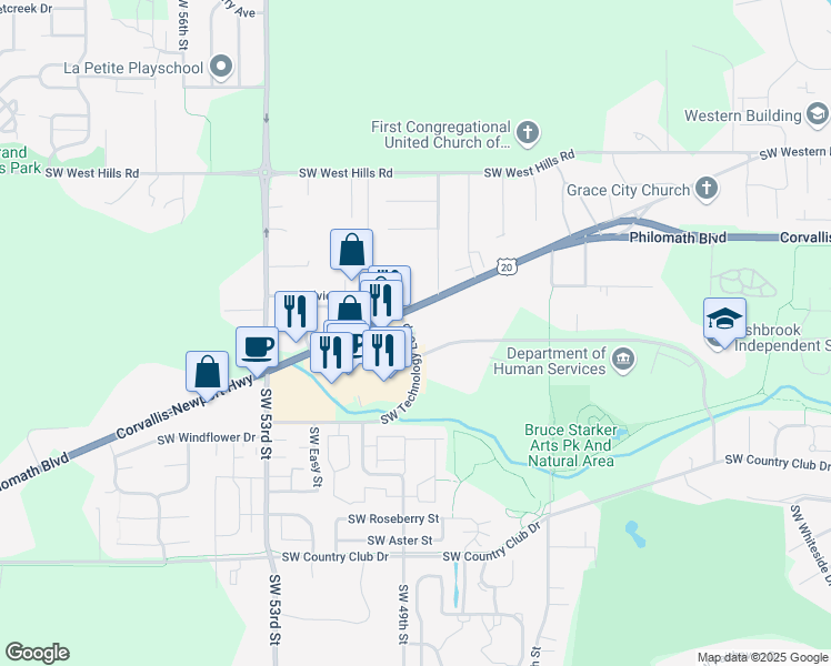 map of restaurants, bars, coffee shops, grocery stores, and more near 4900 Philomath Boulevard in Corvallis