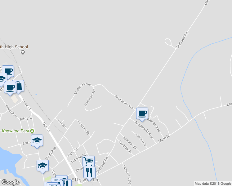 map of restaurants, bars, coffee shops, grocery stores, and more near 95 Maddocks Avenue in Ellsworth