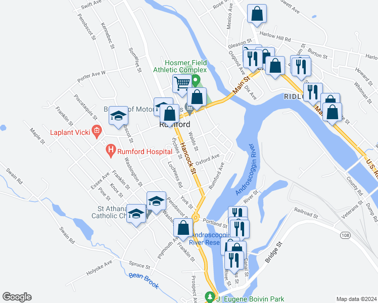 map of restaurants, bars, coffee shops, grocery stores, and more near 318 Hancock Street in Rumford
