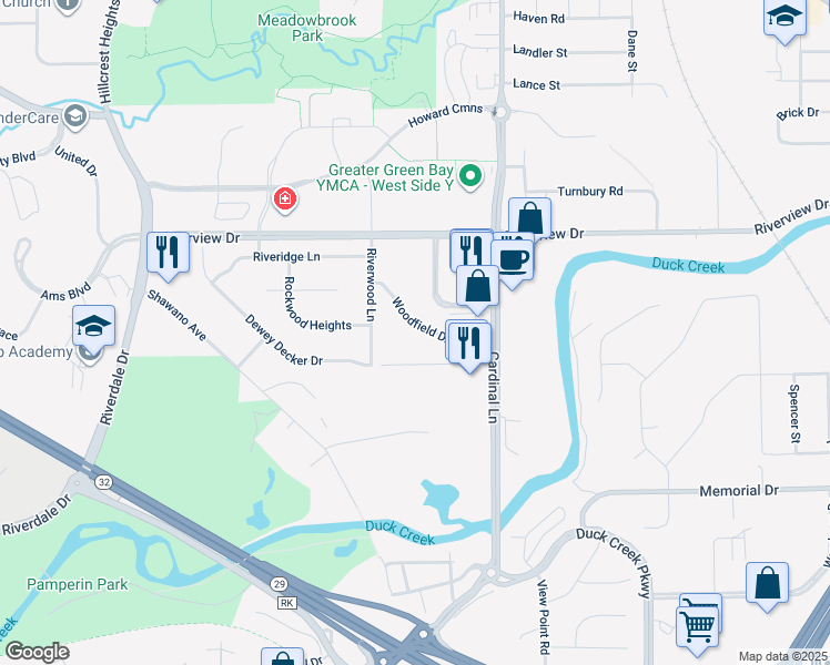 map of restaurants, bars, coffee shops, grocery stores, and more near 409 Woodfield Drive in Green Bay